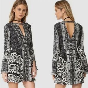 Free People Tegan Border Print Mini Dress Long Bell Sleeves keyhole v neck-2